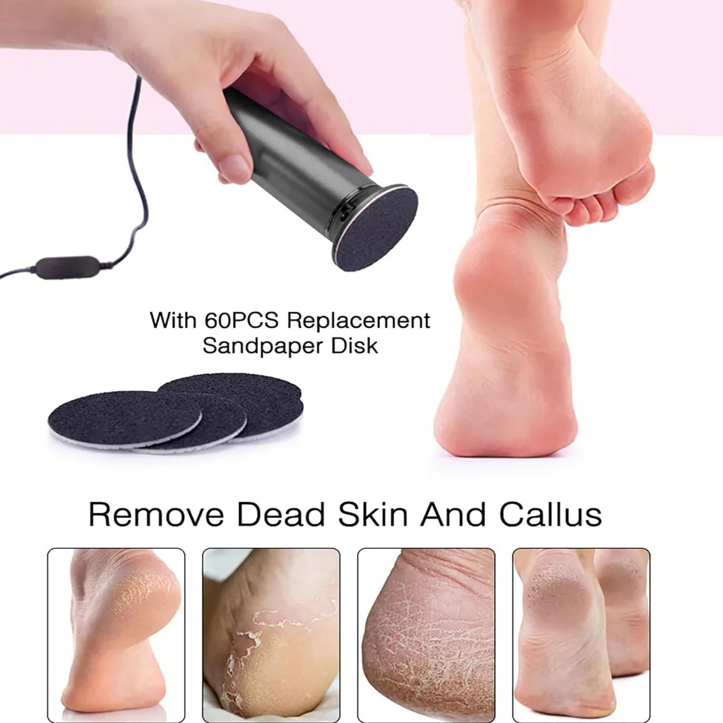 Electronic Foot File Grinder (Speed Adjustable) with 60pcs Replacement Sandpaper Disk，Electric Foot Scrubber Dead Skin Remover，for Feet Hard Cracked Dry Dead Skin Exfoliation，Unisex（Rose Pink）