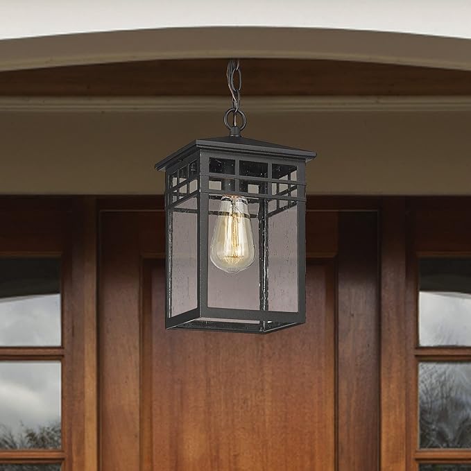 Outdoor Pendant Light Lanterns for Front Porch, Black Exterior Hanging Light Fixtures with Seeded Glass Shade for Patio, Entryway, Garage, Gazebo, RZ009-H BK