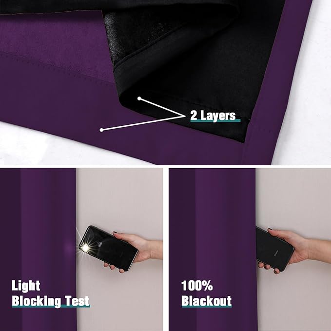 ChrisDowa 100% Blackout Curtains for Bedroom with Black Liner, 2 Thick Layers Total Blackout Thermal Insulated Grommet Window Curtains 2 Panels Set (Royal Purple, 52 x 54 Inch)