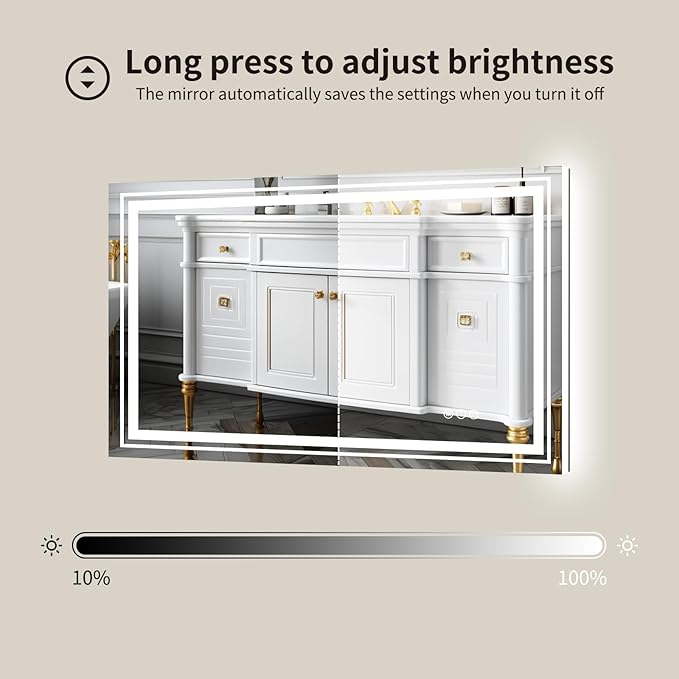 WTTY LED Bathroom Mirror 60"x28" with Back and Front Light,Modern LED Mirror for Bathroom,Stepless Dimmable Lighted Bathroom Vanity Mirror with Anti-Fog,Memory Function,Shatter-Proof