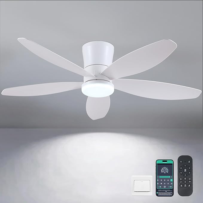 48" Ceiling Fans with Lights-Low Profile Ceiling Fan with Light and Remote/APP Control,Flush Mount,DC Reversible,LED Dimmable Modern Ceiling Fans for Bedroom,Indoor/Outdoor Patio Use(White)