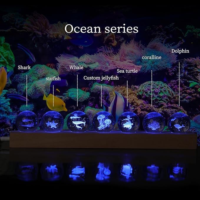 3D Laser Crystal Ball Ocean-Themed Crystal Ball Night Light with Led Lamp Base for Children Bedroom Decoration - Jellyfish Dolphins Sharks Starfish Whales Coral Turtles Gifts