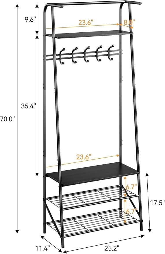 OUTLANE Entryway Hall Tree with 5 Hooks, Shoe Bench & Storage Shelf, Coat Rack Organizer with Wood Accents and Metal Frame for Entryway, Living Room, Bedroom, Black-Single row