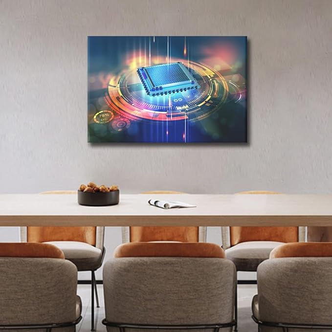 TUMOVO 1 Panel Wall Art CPU Concept Painting Print On Canvas AI Pictures for Bedroom Home Decor Futuristic CPU Internet Modern Artwork Paintings Stretched By Wooden Frame Ready to Hang, 36x24in
