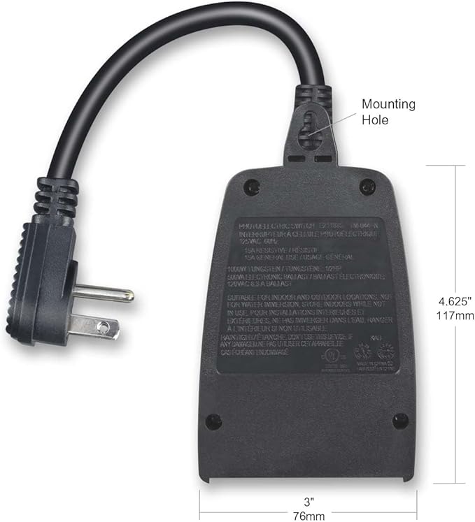 Outdoor 24-Hour Light Timer, Water Resistant, Photocell Dusk to Dawn Light Sensor Countdown Timer, 14AWG Cord, Two Grounded Outlets for Home, Christmas Lights, Garden.15A, UL Listed.