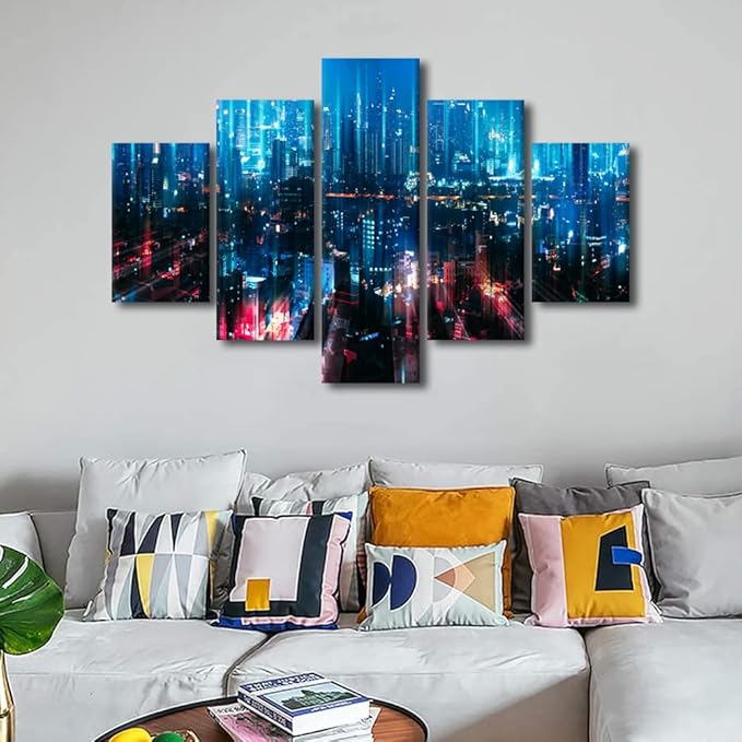 City Landscape Canvas Art Native Americans Home Wall Decoration Bangkok Night City Poster Energy Digitalization Picture Printing Student Bedroom Decoration 5 Panel Meeting Room Poster 60x40 Inch