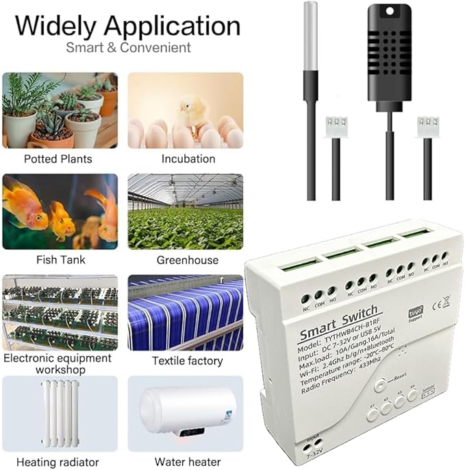 Tuya 4CH WiFi Switch 7-32V Smart Temperature and Humidity Sensor, Dry Contact, Remote Application Control and Monitoring Function, Voice Control, Smart Scene, Compatible with Alexa and Google Home