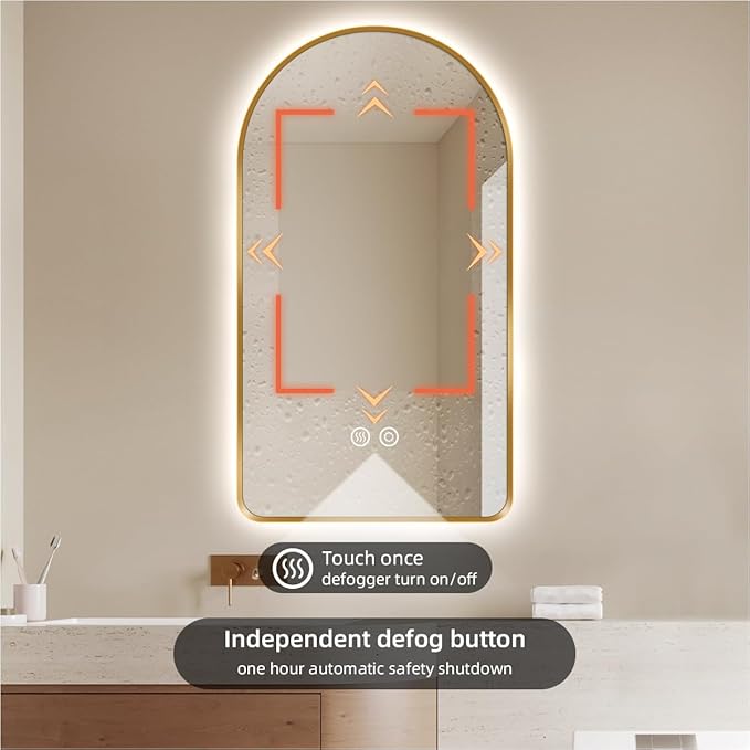 36"L x 30"W Arched LED Bathroom Mirror, Brushed Gold Frame, Backlit Vanity Mirror with Lights, Wall Mounted Lighted Mirror, Dimmable 3-Color Shatter-Proof Arch Smart Mirror, UL-Listed, CRI≥93