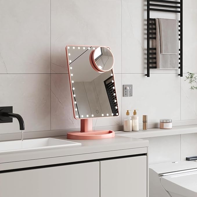 FUNTOUCH Large Lighted Makeup Mirror with Lights, Light Up Mirror with Small 10x Magnification for Desk, 360°Rotation Touch Screen,Brightness Adjustable Tabletop Cosmetic Vanity Make Up Mirror