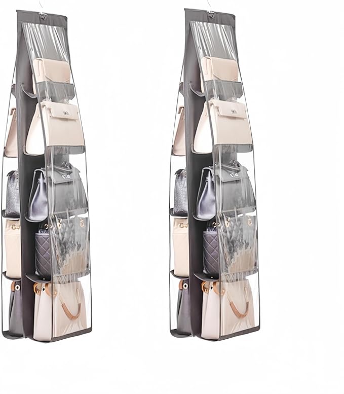 HAN SHENG 10 Pockets Clear Handbag & Purse Organizer Hanging Bag Storage - Space Saving Hanging Shelf for Closet, Wardrobe, Over Door (2 Pack, Grey)