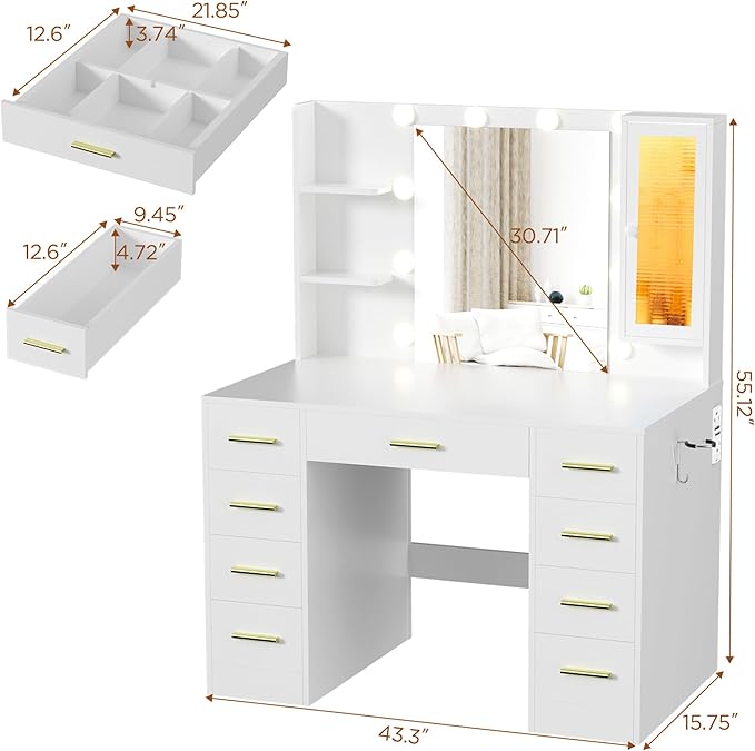 Vanity Desk with Mirror and Lights, Large 43" White Makeup Vanity Desk with 9 Drawers and Power Outlet, 3 Open Shelves and 1 RGB Lighting Cabinet, White and Gold