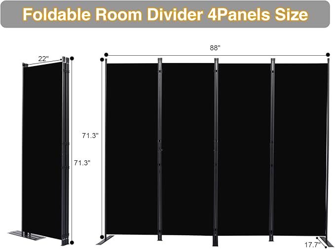 Room Divider, 4 Panel Folding Privacy Screens with Wider Feet, 6 Ft Portable Room Partition for Room Separator, Room Divider Panel 88" W X 71" H, Partition Room Dividers Freestanding，Black