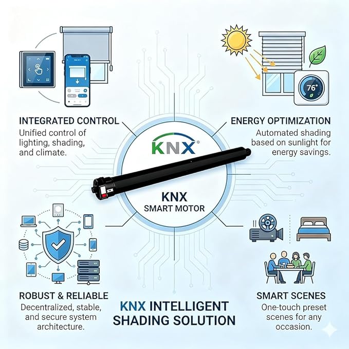 KNX Smart Tubular Motor 120V, Heavy Duty Electric Roller Shade Engine, Wired Automation Blind Drive, 433MHz Remote, Quiet Lift for Wood Blinds & Screens (20 N.m for Φ63mm（2-1/2"") Groove Tube