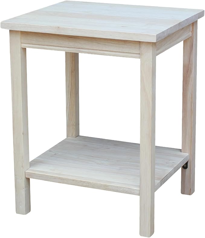 Portman Accent Table Solid Parawood Unfinished Wood 16"W x 14"D x 20"H with Shelf, Small Living Room Furniture for Painting or Staining, Traditional End Table for Bedroom or Entryway