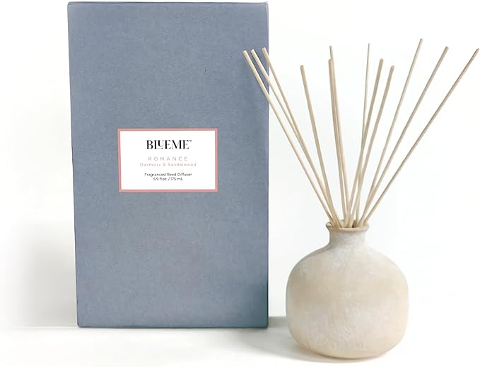 Blueme Romance Diffuser | Oakmoss & Sandalwood | 5.92 Fl Oz - Refillable Wellness Diffuser, Contains Essential Oil, Sustainable, Hand Finished, Premium, Luxury Ceramic, Natural Rattan Reeds, | Small