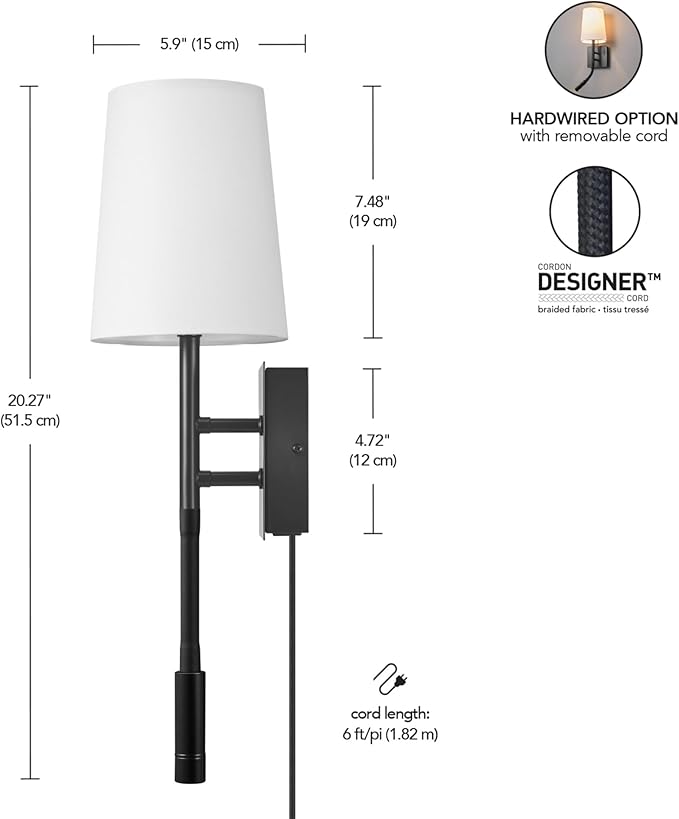 Globe Electric 1-Light Plug-in or Hardwired Wall Sconce with LED Integrated Reading Light, USB-A Port, USB-C Port, Matte Black, White Fabric Shade, On-Off Pull Chain and Rocker Switch