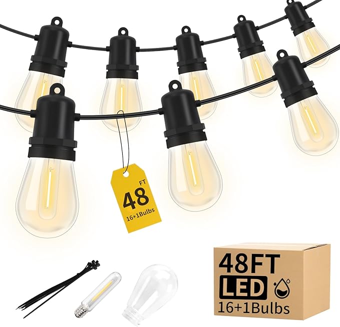 48FT LED Outdoor String Lights Dimmable Shatterproof S14 Edison Bulbs IP44 Weatherproof Commercial Grade for Patio Backyard Garden Party Décor