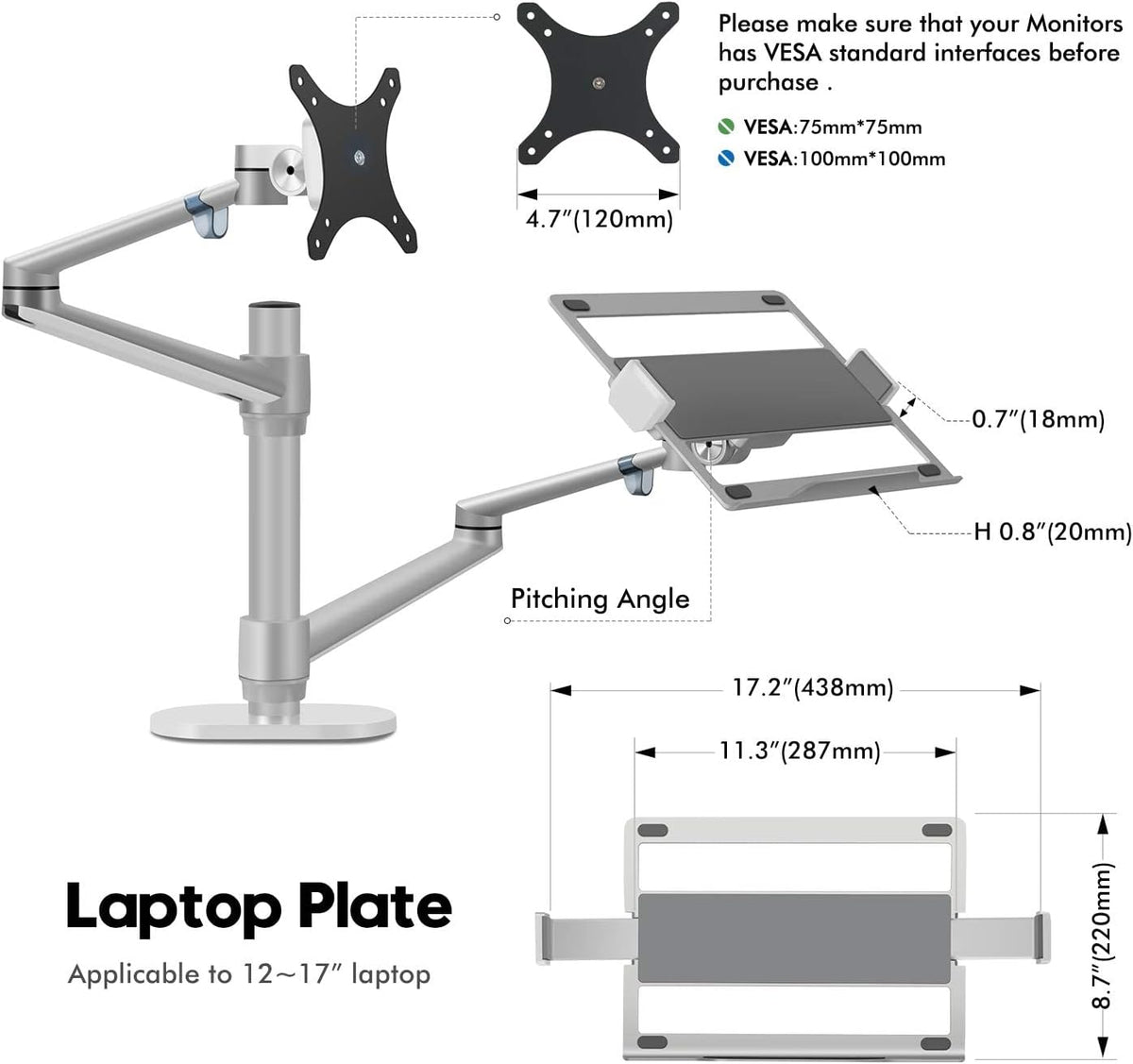 AEONS Premium Monitor Laptop Mount & Under Desk Cable Management Tray Wire Cord Organizer & Desk Clamp Mount PDU, No Drill Computer Computer Cord Raceway and Modesty Panel, Silver & Black