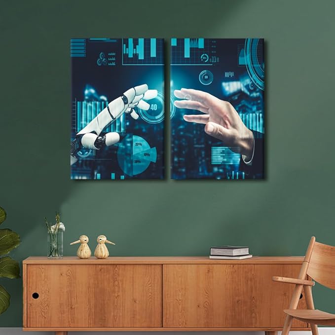 3 Pieces AI Intelligence Pictures for Living Room Robot Wall Decor Painting Artwork Canvas Paitings House Art Posters and Prints Framed Art Ready to Hang, 24" Wx16 H