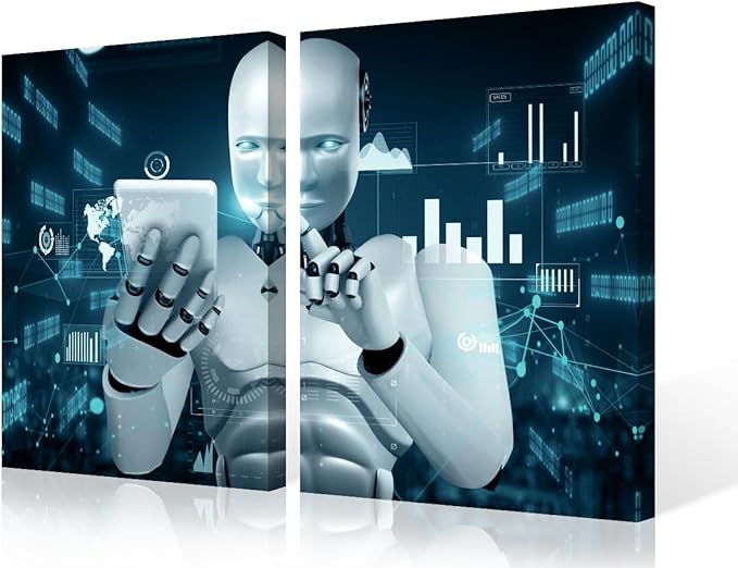 3 Pieces AI Intelligence Wall Art for Living Room Paintings on Canvas Robot Pictures Modern Artwork Home Decor Giclee Framed Stretched Ready to Hang Posters and Prints, 24" Wx16 H