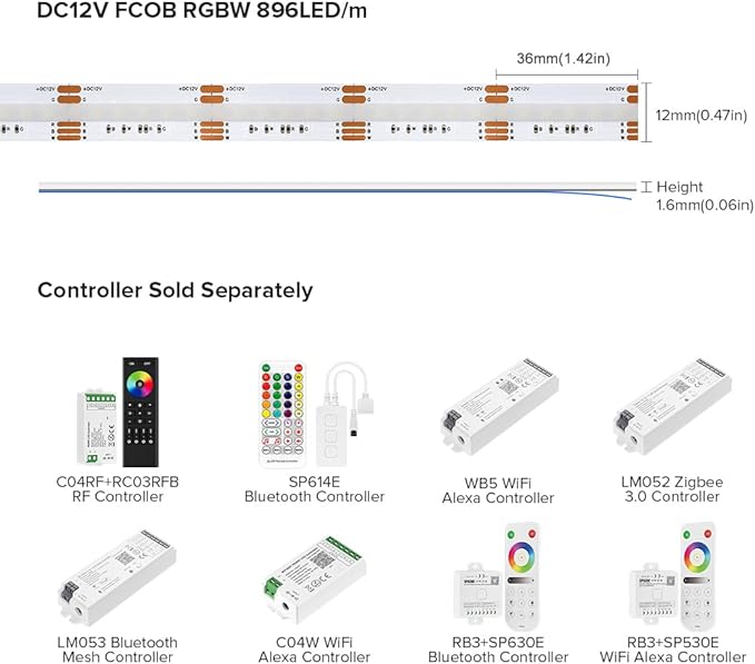 BTF-LIGHTING FCOB COB LED Strip RGBW 4000K 896LED/m 16.4FT DC12V Color Changing Flexible High Density Uniform Light 12mm Width for Home Indoor Decoration(No Adapter or Controller)