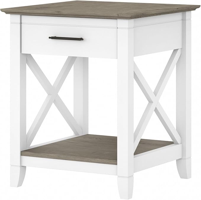 Bush Furniture Key West Small End Table with Storage | Modern Farmhouse Accent Shelf for Living Room in Pure White and Shiplap Gray