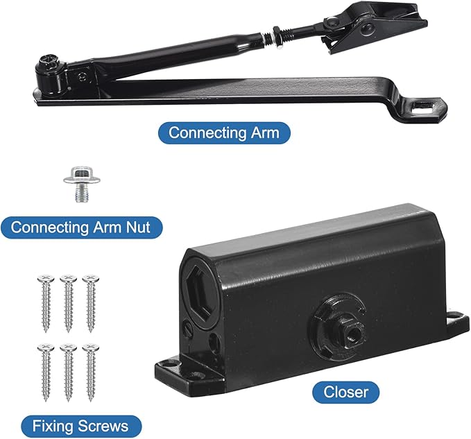 MECCANIXITY Door Closer Automatic Door Closer for 25-65kg Outdoor Internal Metal Wooden Doors,180D Spring Hydraulic Auto Door-Closer Automatic Adjustable Closer(Black,Aluminum)