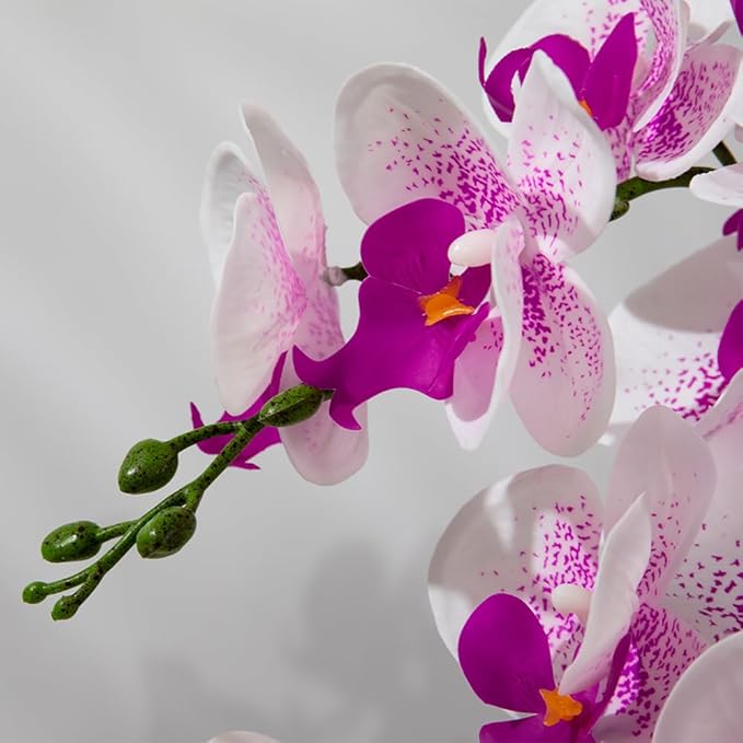 LESING Artificial Orchid Flower with Vase Realistic Orchids Faux Flower Fake Orchid Bonsai Plants in Pot Arrangement for Home Wedding Party Dining Table Centerpiece Decor (White Purple,Silver Vase)