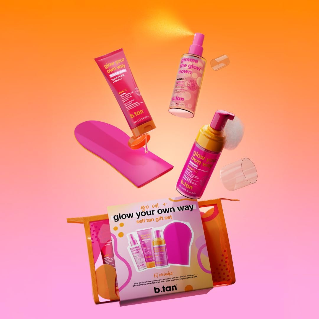 b.tan Clear Self Tanning Gel Travel Size Kit | Glow Your Own Way Gift Set - Includes Mini Dark Fake Tanner Mousse, Gradual Bronzing Face Mist, Express Transfer Free Tan Gel, & Applicator Mitt