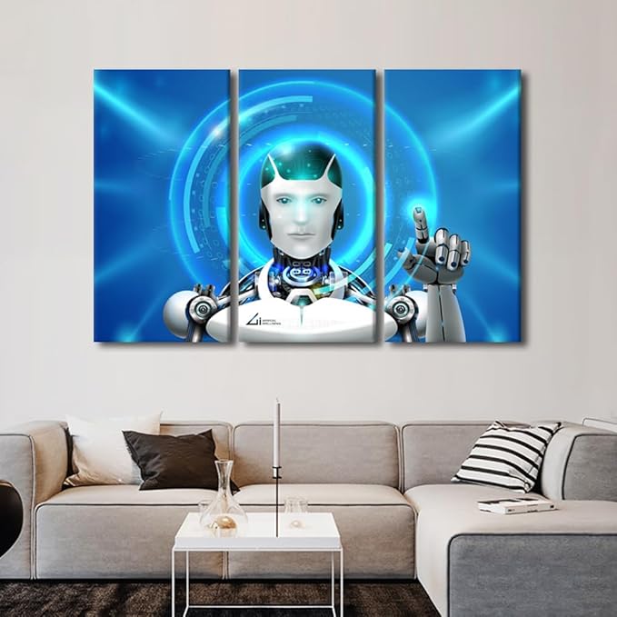 TUMOVO AI Artwork for Home Walls AI Intelligence Pictures Print on Canvas Robot Painting 3 Pieces Wall Art AI Modern Artwork Giclee Posters Framed Ready to Hang, 60" Wx40 H