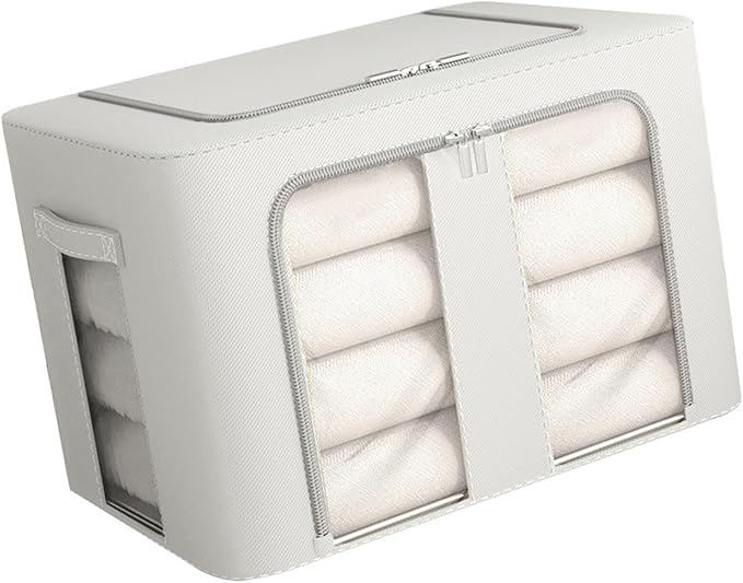 Kikumi Foldable Storage Box, Fabric Bin Organizer, Large Capacity Stackable Solid Steel Frame Structure Space Saving with Carrying Handle for Bedroom