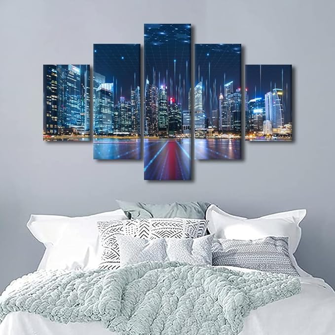 Canvas Art for Bedroom Native Americans Home Decoration Modern Smart City and Digital Picture Printing Teacher Living Room Office Wall Artwork 5 Panel Abstract Point Poster Ready to Hang 60x40 Inch