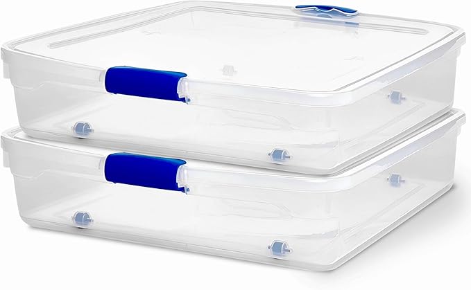 HOMZ 2-Pack Under Bed Storage, Clear Plastic Containers with Lids, 56 Quart, Blue Latch - Stackable Underbed Organizer Bins for Shoes, Bags, Clothes, and Towels