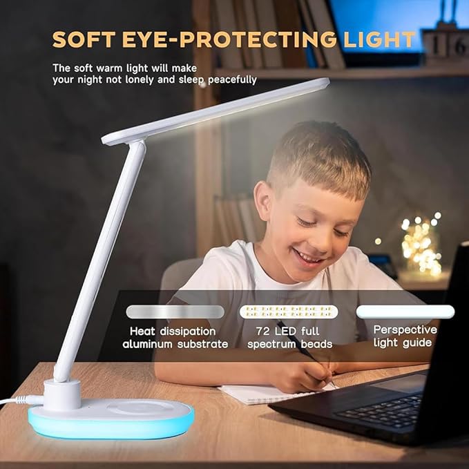 AYI 5IN1 Multifunctional LED Desk Lamp15W Qi Wireless Charger Digital Alarm Clock Ambient Light & Temperature Display Adjustable Eye-Care Table Lamp with Leather Texture Design Table Lamp-U20 White