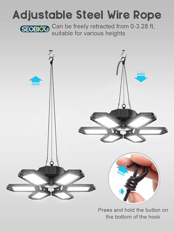SEOBIOG Plug in Garage Light, 200W 20000LM Linkable Shop Light with On/Off Switch, 6500K Hanging LED Lights with 9.84ft Power Cord and US Plug, for Garage, Workshop,Work Bench