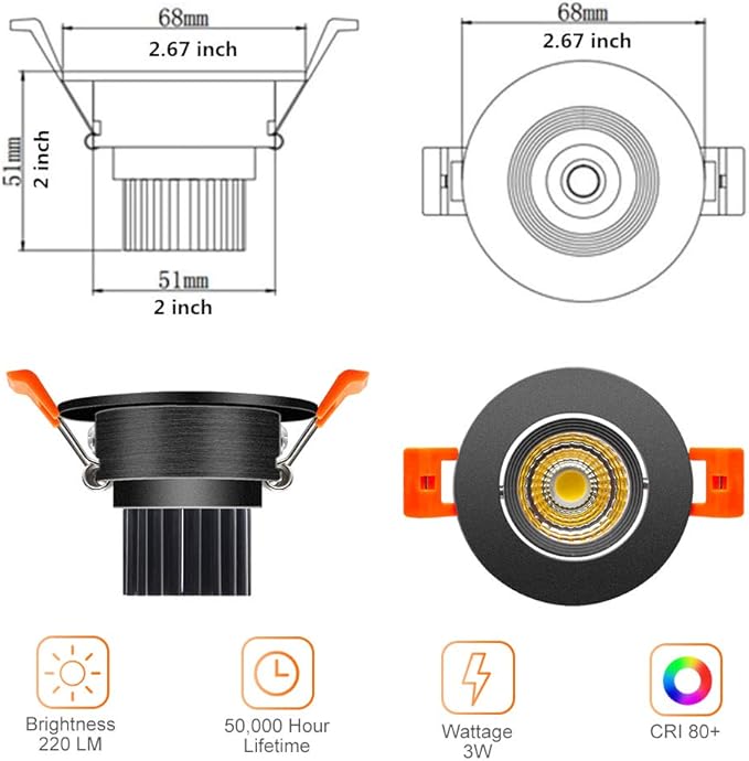 LightingWill 2inch LED Dimmable Downlight, 3W COB Recessed Ceiling Light, Warm White 3000K-3500K, CRI80, 25W Halogen Bulbs Equivalent, Black (4Pack)