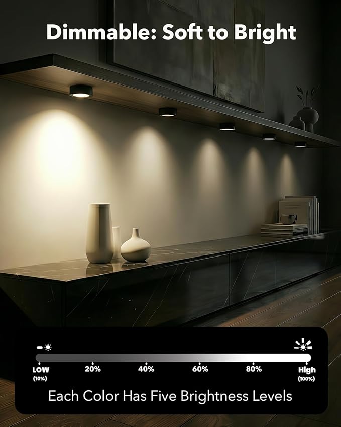 Rechargeable Under Cabinet Puck Lights with Remote Control, Black 2400mAh Battery Operated Push Button Light Stick On Magnetic Tap Lights Wireless Color Changing Touch Light for Closet Kitchen Counter