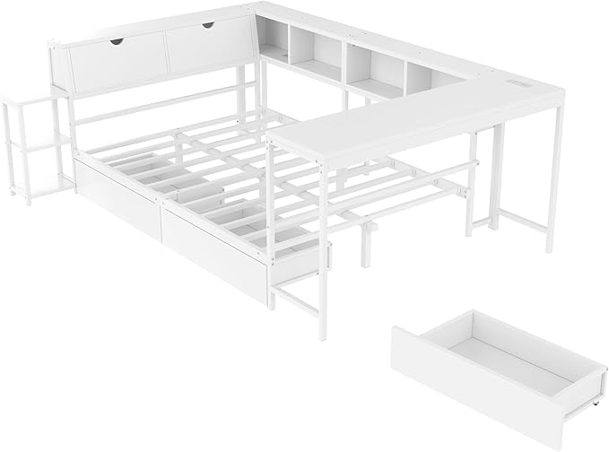 Twin Corner Bed Frame with Desk, LED Lights & Charging Ports, L-Shaped Daybed with Storage Drawers, Bookcase & Open Shelves, Modern Twin Size Daybed for Kids, Teens & Compact Bedrooms,White