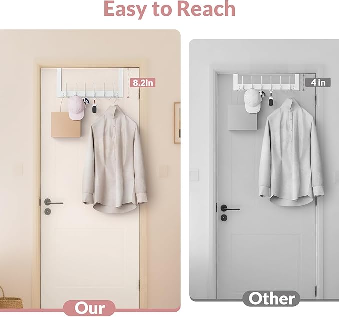 BAKON Over The Door Hooks with 6 Hook, Heavy Duty Over Door Hanger for Hanging Clothes Coat Hat Jacket, Door Coat Rack for Bathroom Closet Laundry Bedroom Kitchen Living Room Home Organizer(1, White)