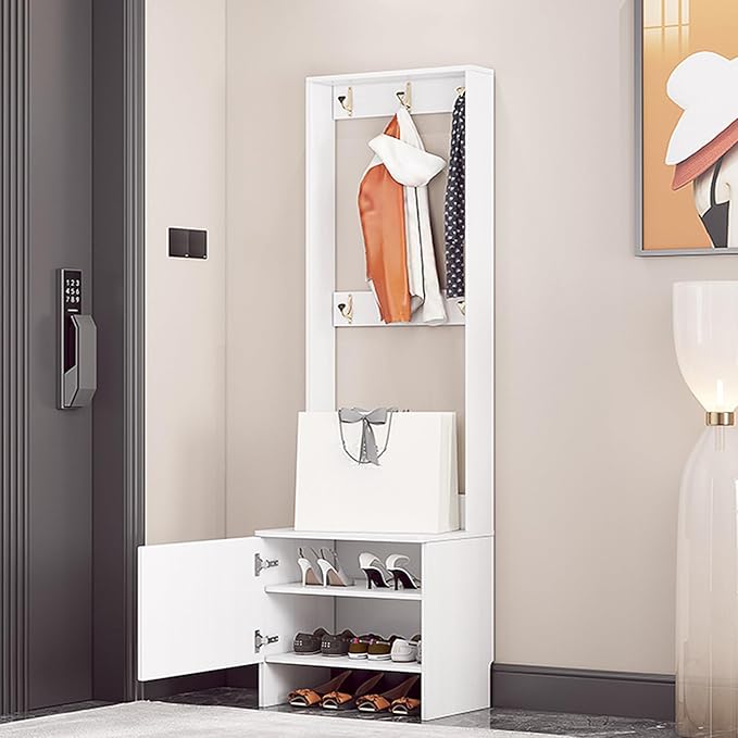 Modern Coat Rack Shoe Bench, 3 In 1 Multifunctional Entryway Organizer with Bench, Shoe Storage and Coat Rack, Entryway Organizer for Small Spaces(White,50cm/20in)