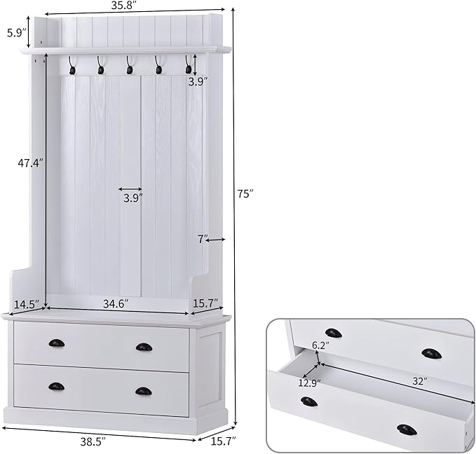Retro 38.5" Wide Hallway Hall Tree with Coat Rack and 2 Large Drawers,Bench,5 Metal Hooks and Metal Handles,For Entrance Furniture Use (White#c)