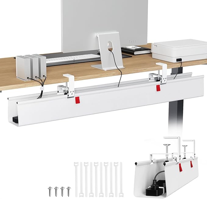 KEEGH Extra Large 48" Under Desk Cable Management Tray - Under Desk Cord Management - Clamp/Screw Mount - Support Upto 70lbs - Fabric Wire Management - Cable Raceways Cord Hider for Office/Home, White