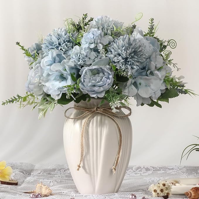 Peonies Artificial Flowers in Vase, Fake Hydrangea Silk Peony Flower Bouquet with Vase Faux Flowers Arrangement Decor Home Table Dining Room (Blue)