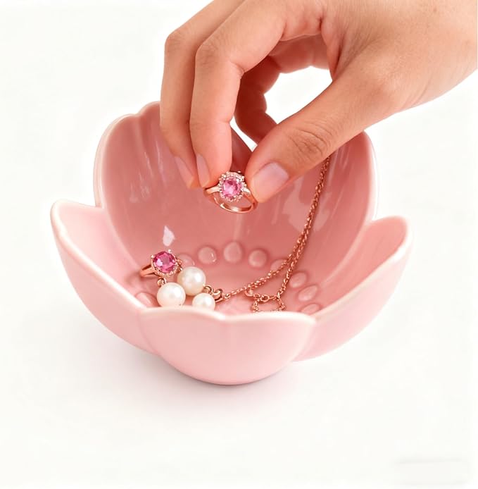 Pink Flower Ring Dish Jewelry Tray, Ceramic Jewelry Dish, Cute Small Trinket Tray, Nightstand Bathroom Decor Ring Holder, Jewlery Plate Bowl for Christmas Friendship Birthday Gifts for Women
