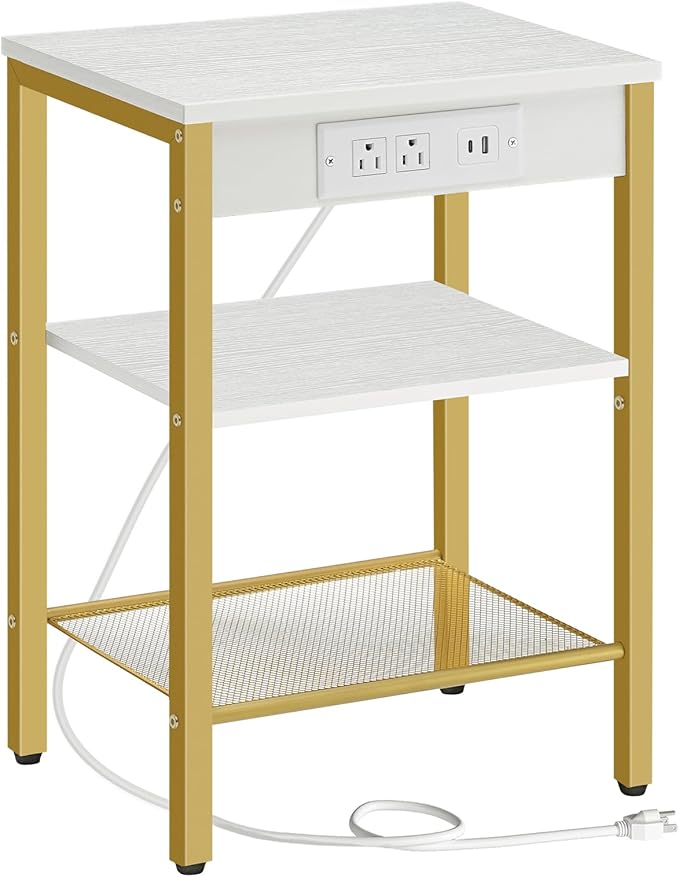HOOBRO End Table with Charging Station and USB Ports, 3-Tier Nightstand with Adjustable Shelves, Small Side Table for Small Space in Living Room, Bedroom and Balcony, White and Gold DW112BZ01G1