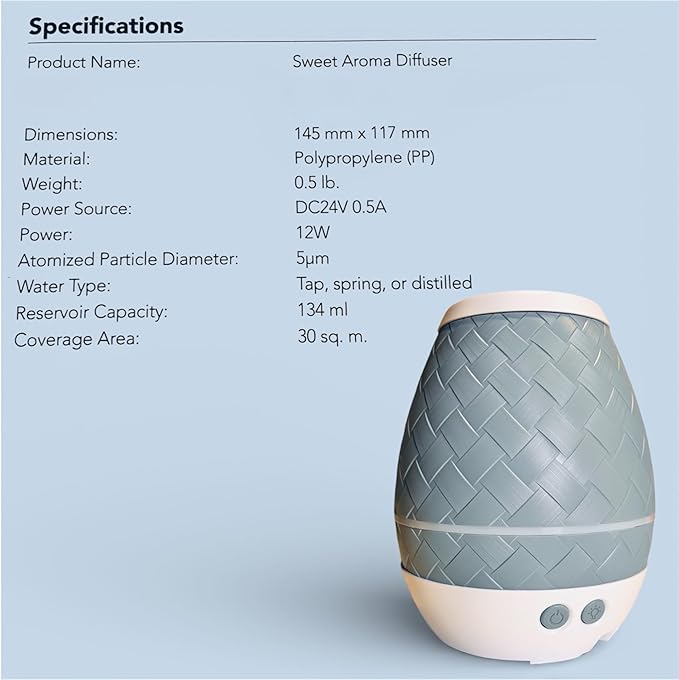 Dewdrop v.2 Ultrasonic Diffuser, Humidifier and Atomizer, Blue Woven Pattern, Ambient Light Control, Automatic Shut-Off