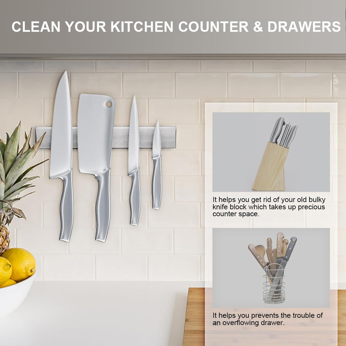 Ninolny 10 Inch Magnetic Knife Strip, Premium Stainless Steel Wall Mounted Kitchen Knives Bar,Space-Saving Powerful No Drilling Magnetic Knife Rack for Home Kitchen Utensil Holder & Tool Holder