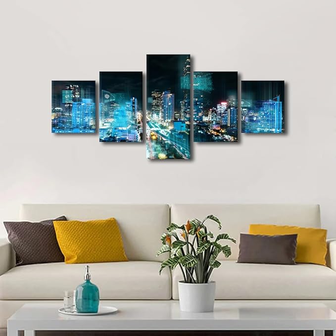Canvas Wall Art Bangkok Night Cityscape Picture Printing Digital Transformation Poster 5 Panel Smart City Decorate Big Data Researchers Home Decoration Frame and Stretched Ready to Hang 50x24 Inch