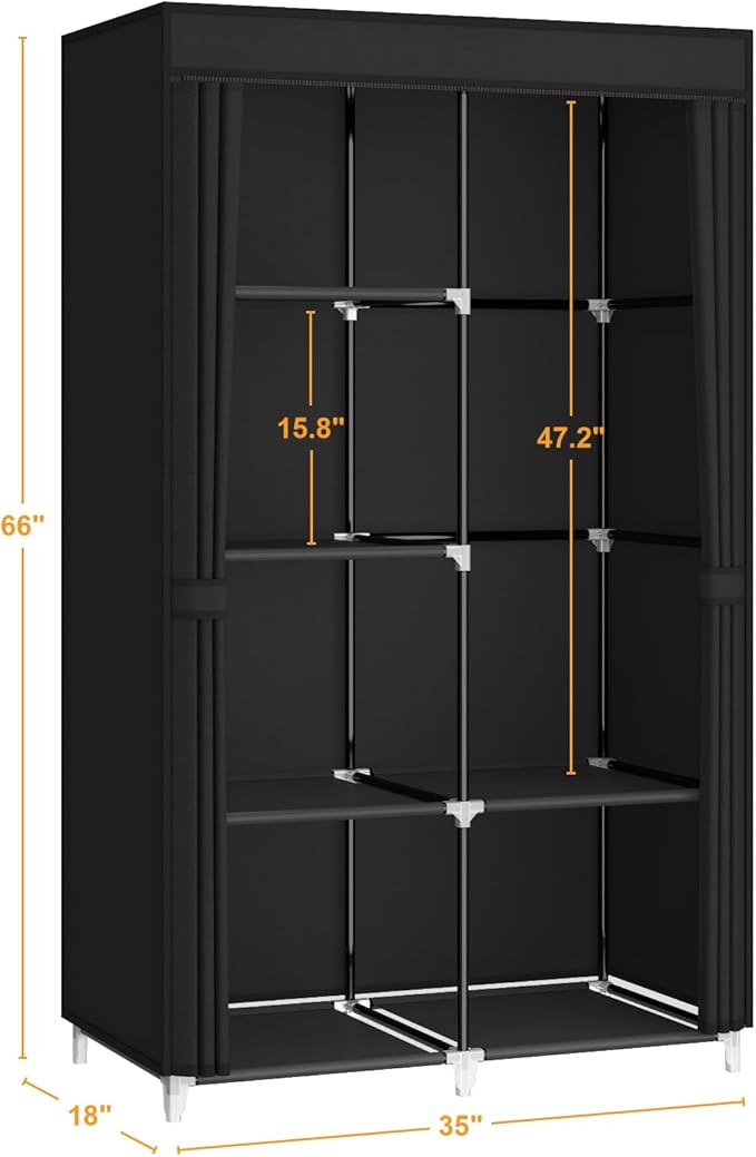 35 Inch Portable Closet for Small Room, Clothing Organizer Storage Rack with Non-Woven Fabric Cover, 1 Clothes Hanging Rod, 6 Storage Shelves, Black
