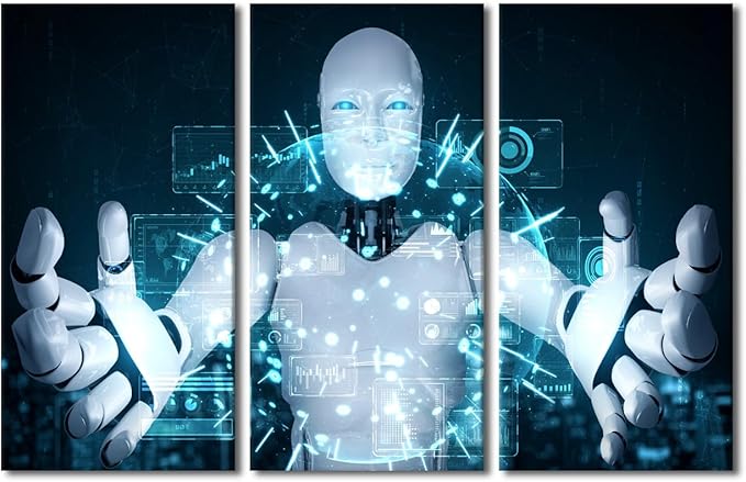 TUMOVO Wall Decorations for Living Room Robot Pictures Paintings Canvas Print 3 Panels Wall Art AI Intelligence Canvas Wall Art Modern Artwork Stretched and Framed Ready to Hang, 42" Wx28 H